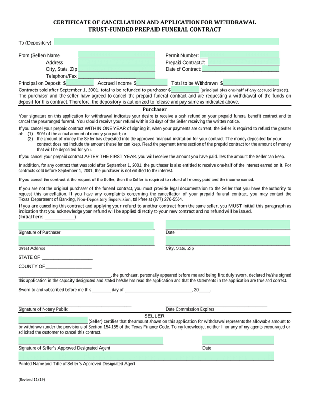 Certificate Of Cancellation And Application For Withdrawal Trust Funded Prepaid Funeral Contract screenshot