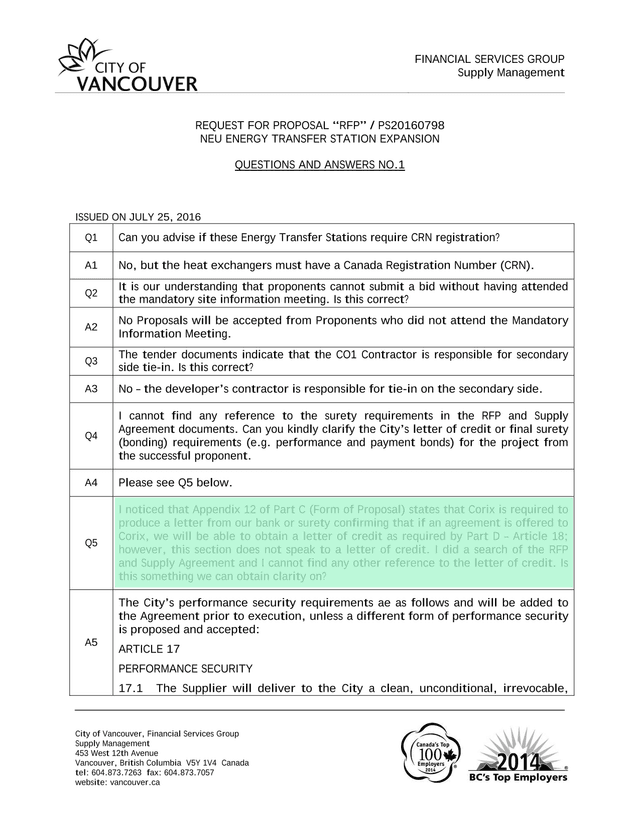 RFP PS20160798 NEU Energy Transfer Station Expansion   Questions And Answers No.1 screenshot