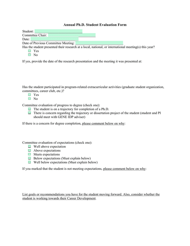 Annual Ph.D. Student Evaluation Form screenshot