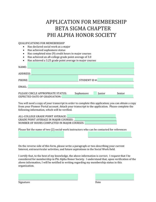 APPLICATION FOR MEMBERSHIP   BETA SIGMA CHAPTER   PHI ALPHA HONOR SOCIETY screenshot