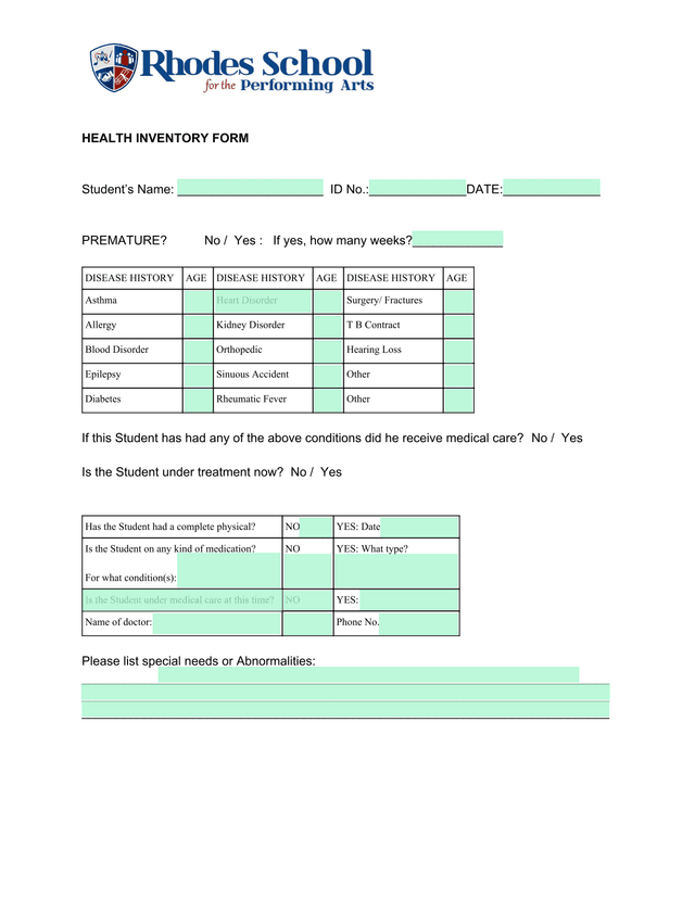 HEALTH INVENTORY FORM screenshot