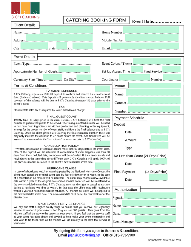 Catering Booking Form screenshot