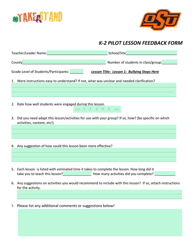 K 2 Pilot Lesson Feedback Form screenshot