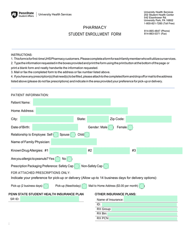 Pharmacy Student Enrollment Form screenshot