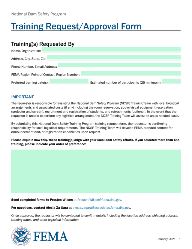 National Dam Safety Program Training RequestApproval Form screenshot