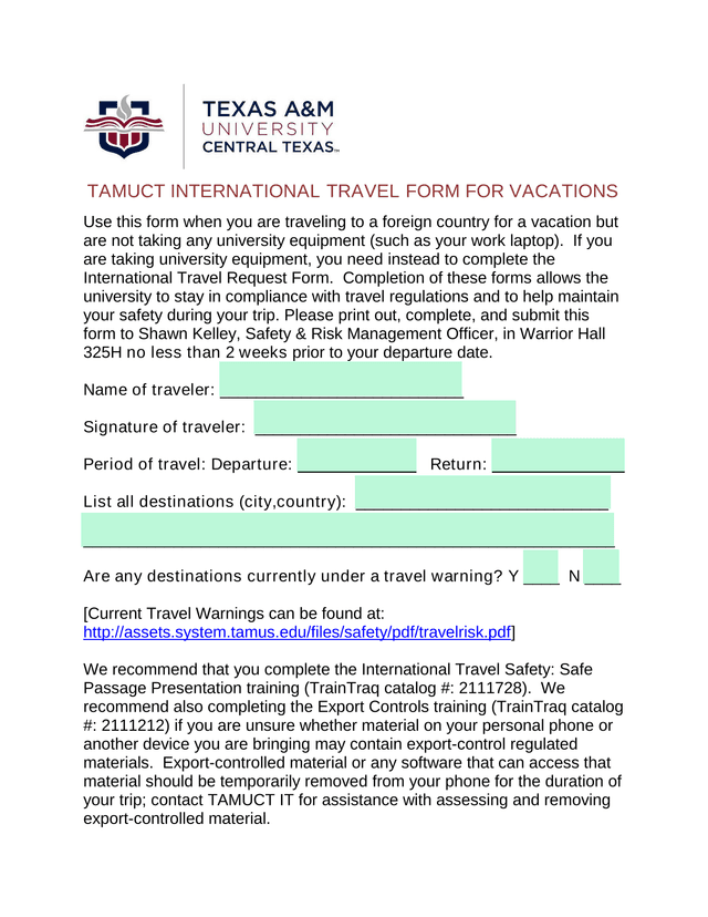 TAMUCT International Travel Form For Vacations screenshot