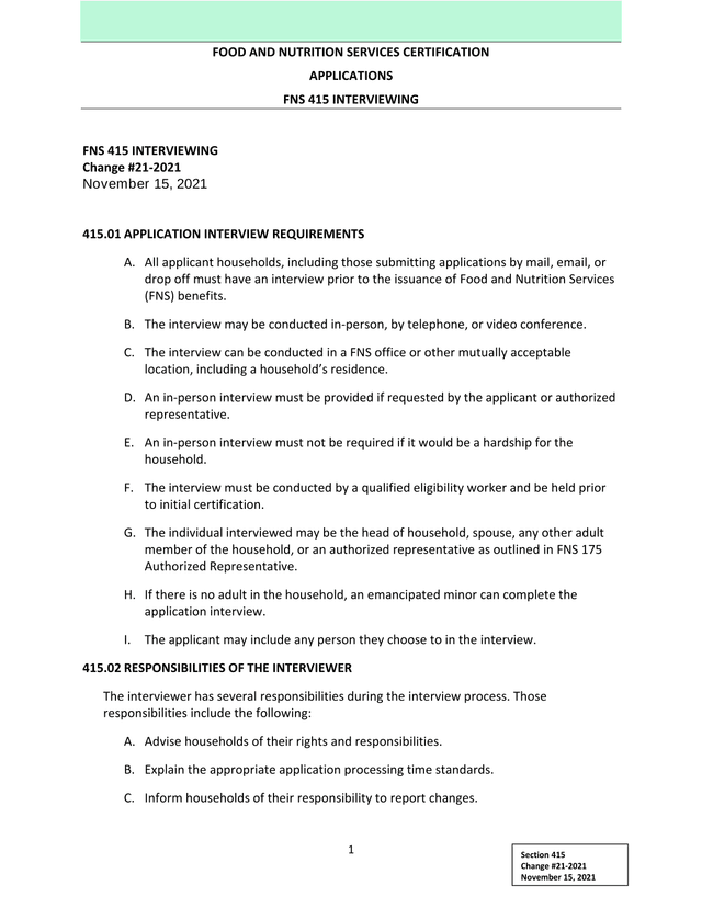 Food And Nutrition Services Certification Applications FNS 415 Interviewing screenshot