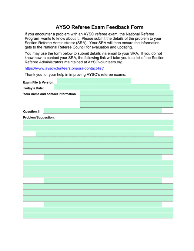 AYSO Referee Exam Feedback Form screenshot