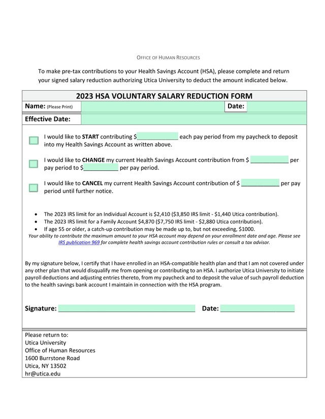 2023 HSA Voluntary Salary Reduction Form screenshot