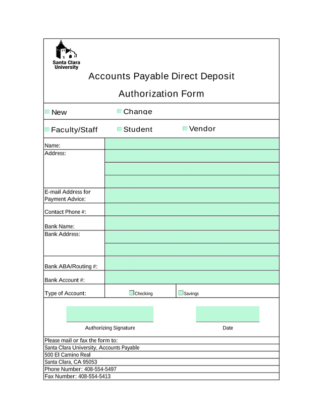 Accounts Payable Direct Deposit Authorization Form screenshot