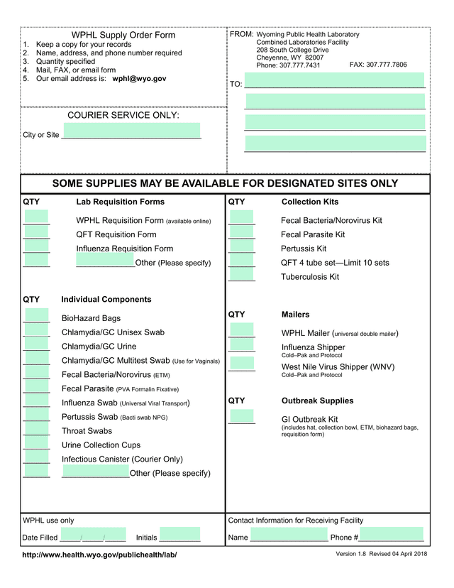 WPHL Supply Order Form screenshot