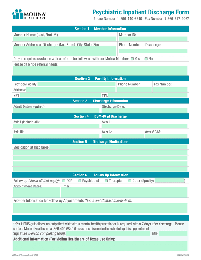 Psychiatric Inpatient Discharge Form screenshot