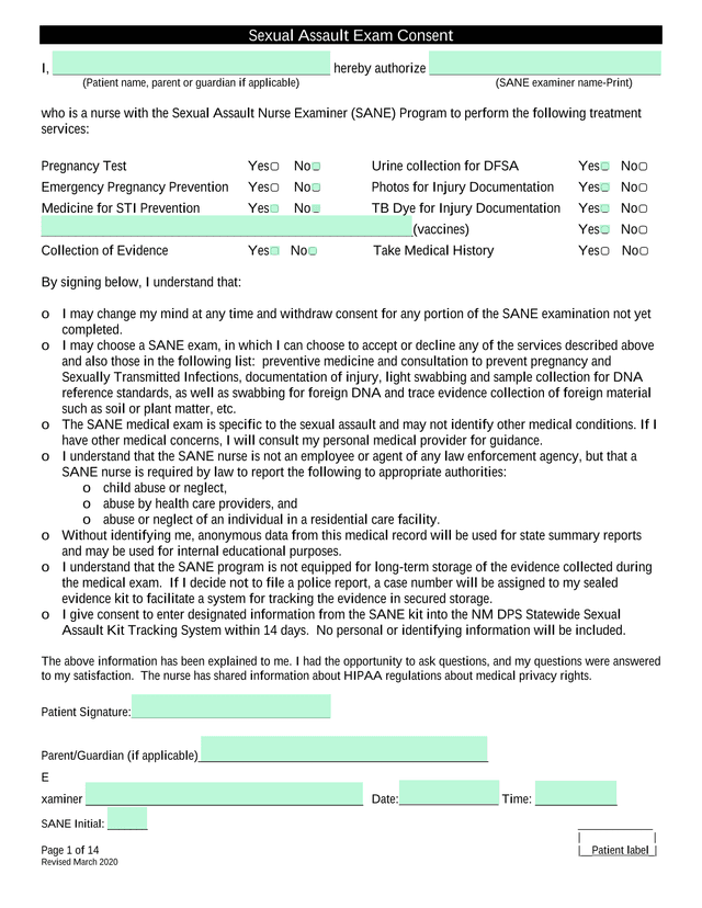 Sexual Assault Exam Consent screenshot
