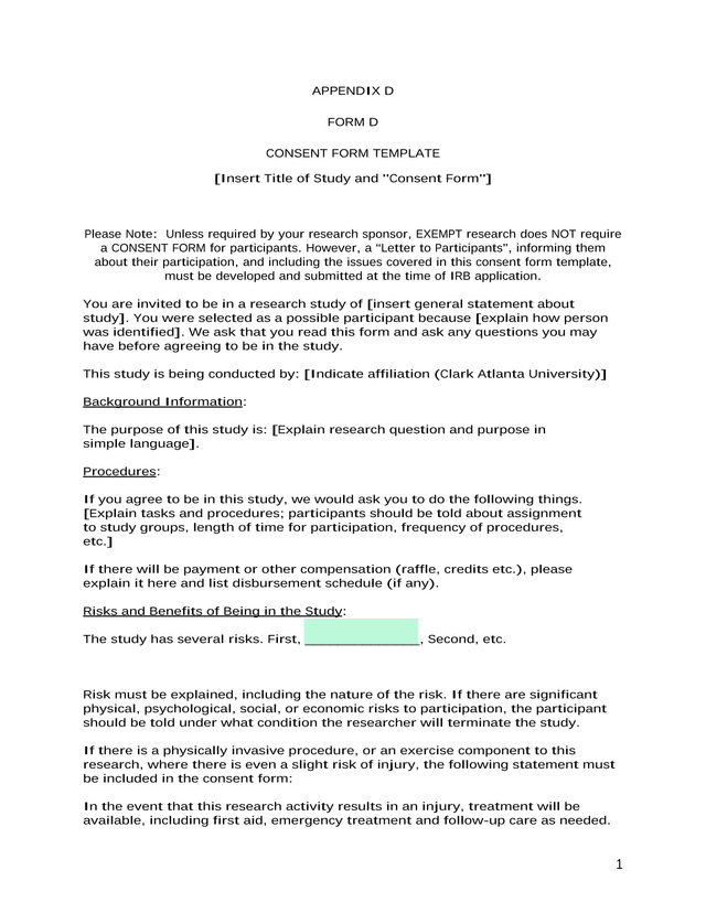 FORM D   CONSENT FORM TEMPLATE screenshot