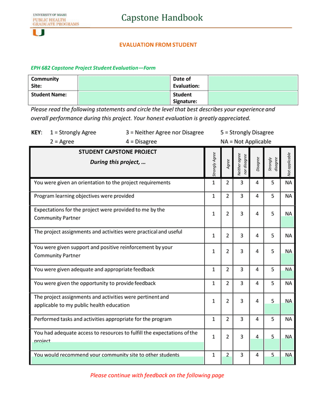 EPH 682 Capstone Project Student EvaluationForm screenshot