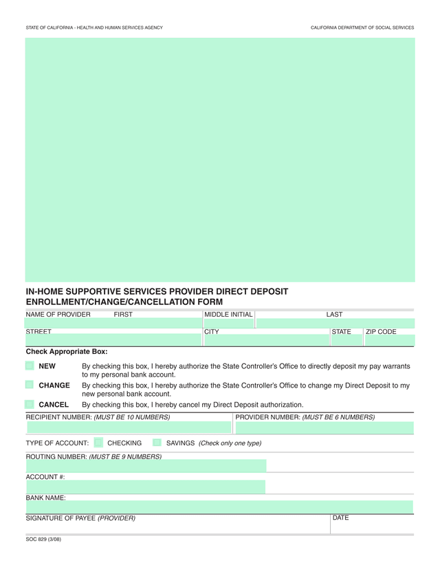 IN HOME SUPPORTIVE SERVICES PROVIDER DIRECT DEPOSIT ENROLLMENTCHANGECANCELLATION FORM screenshot