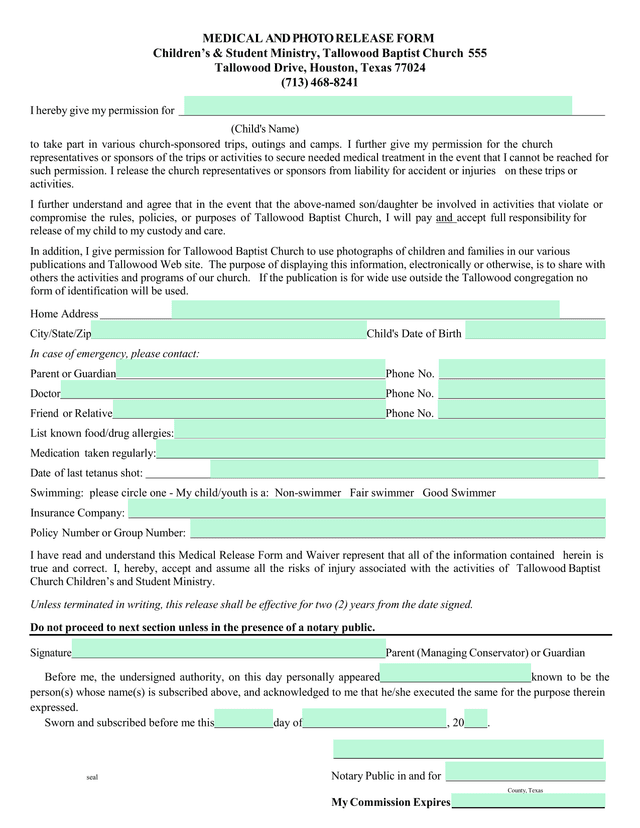 MEDICAL AND PHOTO RELEASE FORM screenshot