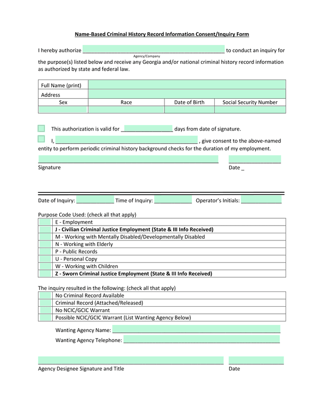 Name Based Criminal History Record Information ConsentInquiry Form screenshot
