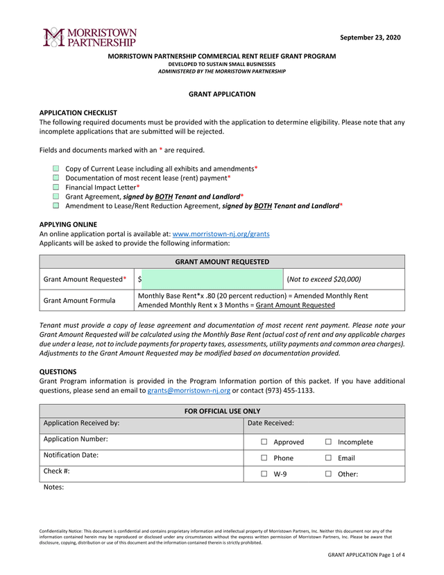 Morristown Partnership Commercial Rent Relief Grant Program screenshot