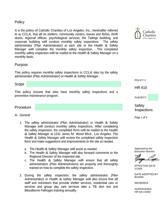 Safety Inspections Policy screenshot