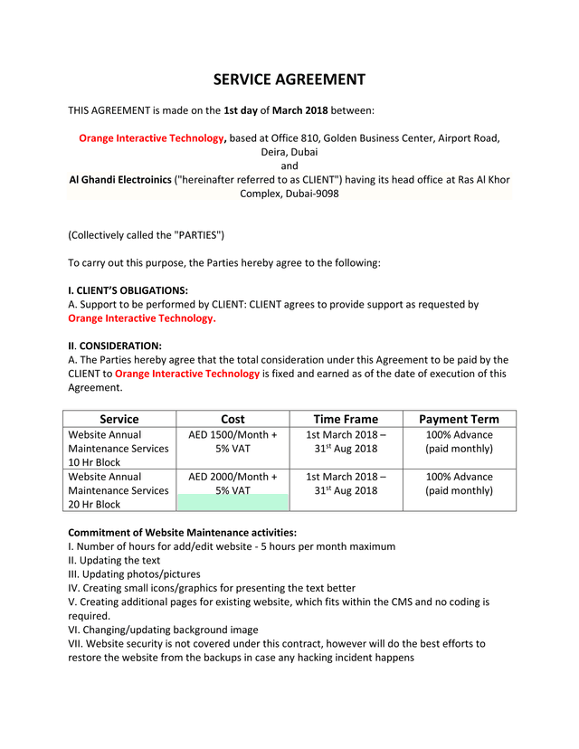 Service Agreement screenshot