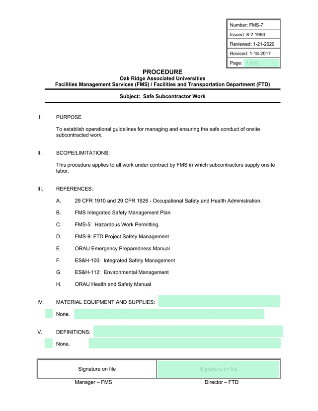 FMS 7 Safe Subcontractor Work Procedure screenshot