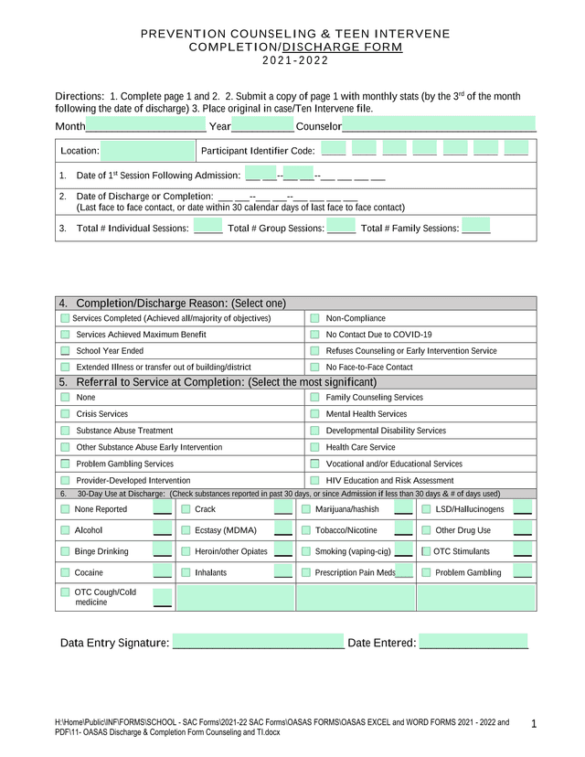 Prevention Counseling  Teen Intervene CompletionDischarge Form screenshot