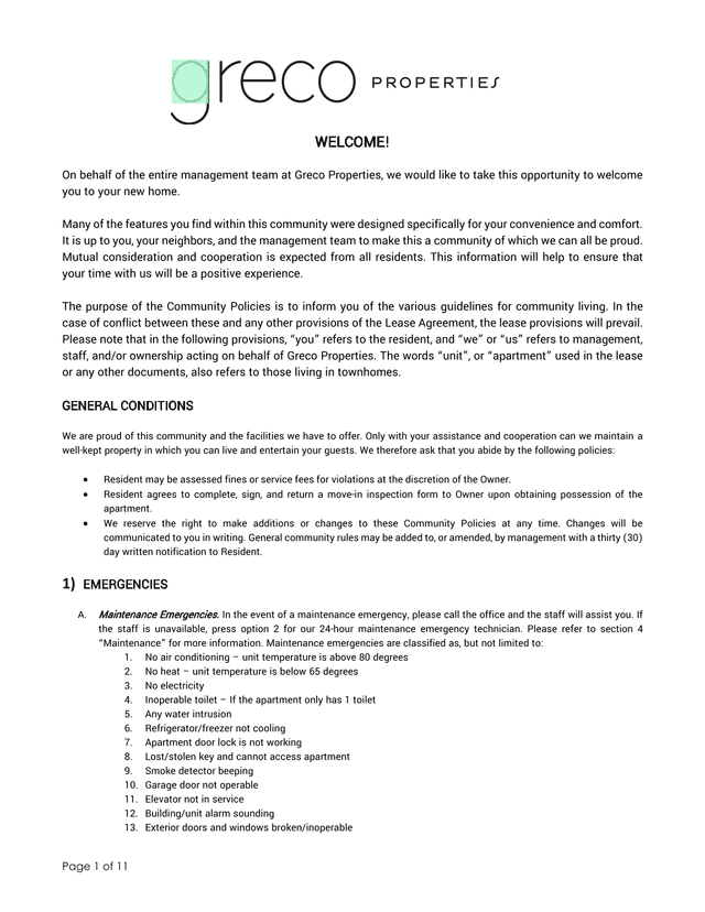 Greco Properties Community Policies screenshot