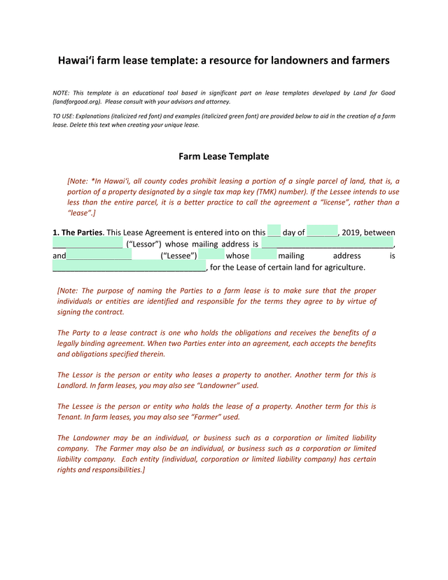HawaiI Farm Lease Template screenshot
