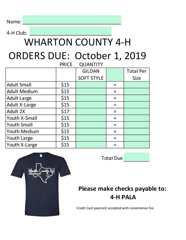 4 H Club T Shirt Order Form screenshot