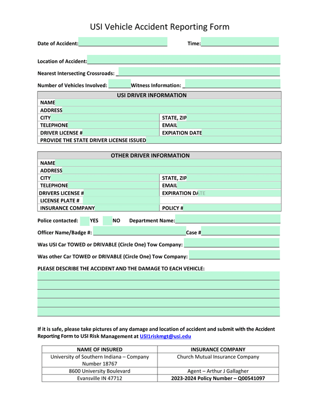 USI Vehicle Accident Reporting Form screenshot