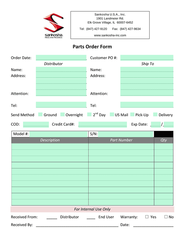 Parts Order Form screenshot