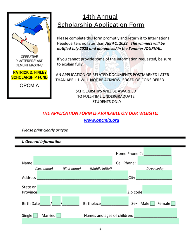 14th Annual Scholarship Application Form screenshot