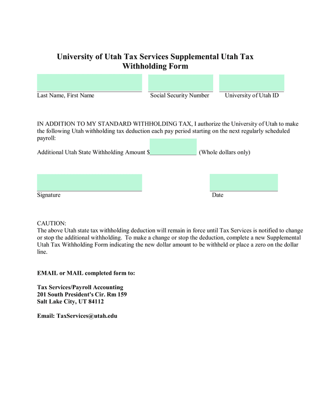 University Of Utah Tax Services Supplemental Utah Tax Withholding Form screenshot