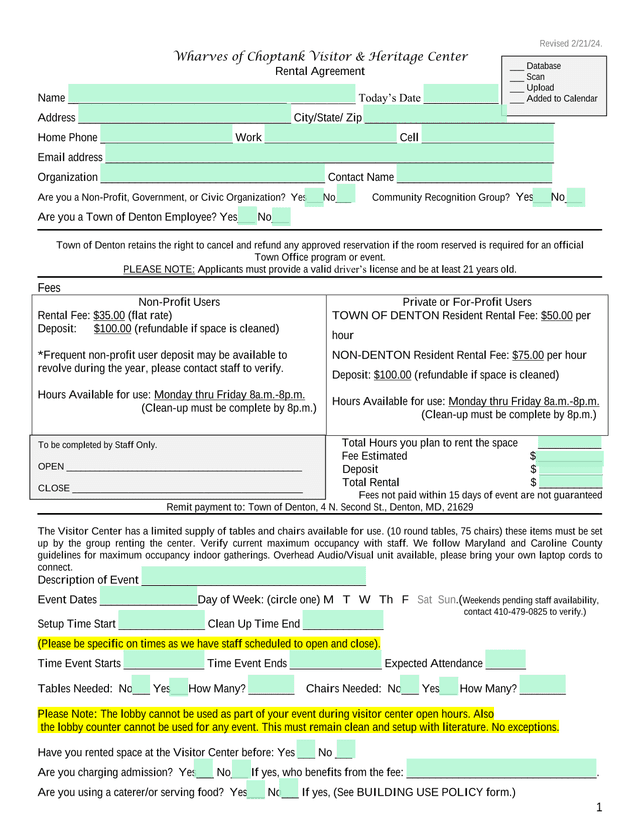 Wharves Of Choptank Visitor  Heritage Center Rental Agreement screenshot