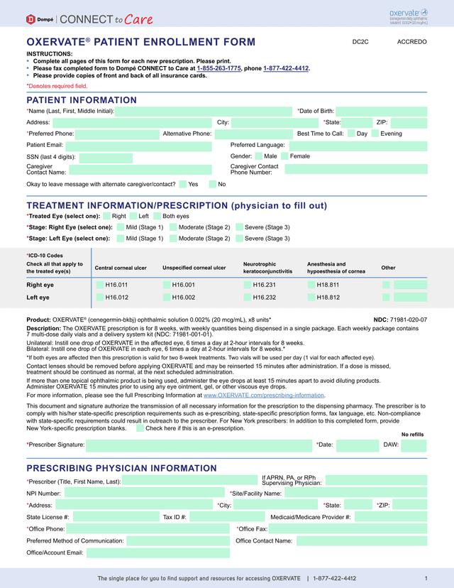 OXERVATE PATIENT ENROLLMENT FORM screenshot