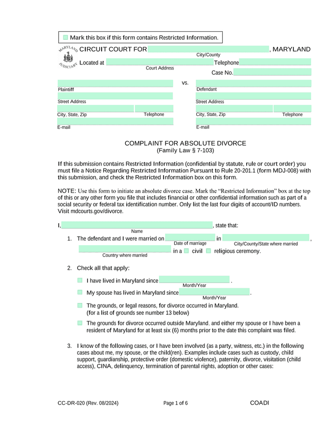 Complaint For Absolute Divorce screenshot