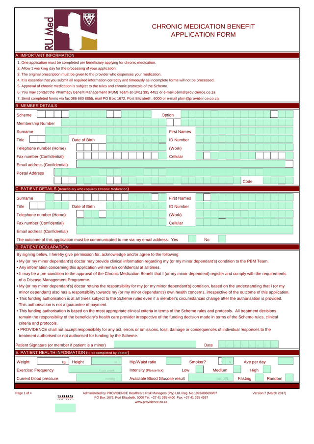 Chronic Medication Application Form screenshot