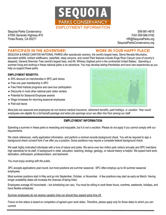 Employment Information   Sequoia Parks Conservancy screenshot
