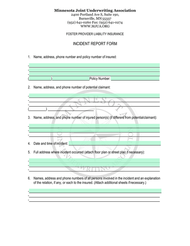 Foster Provider Liability Insurance Incident Report Form screenshot