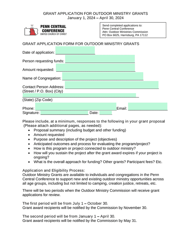 GRANT APPLICATION FOR OUTDOOR MINISTRY GRANTS screenshot