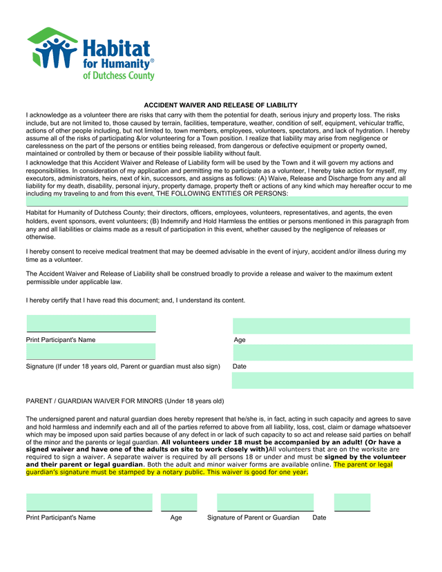 Accident Waiver And Release Of Liability screenshot