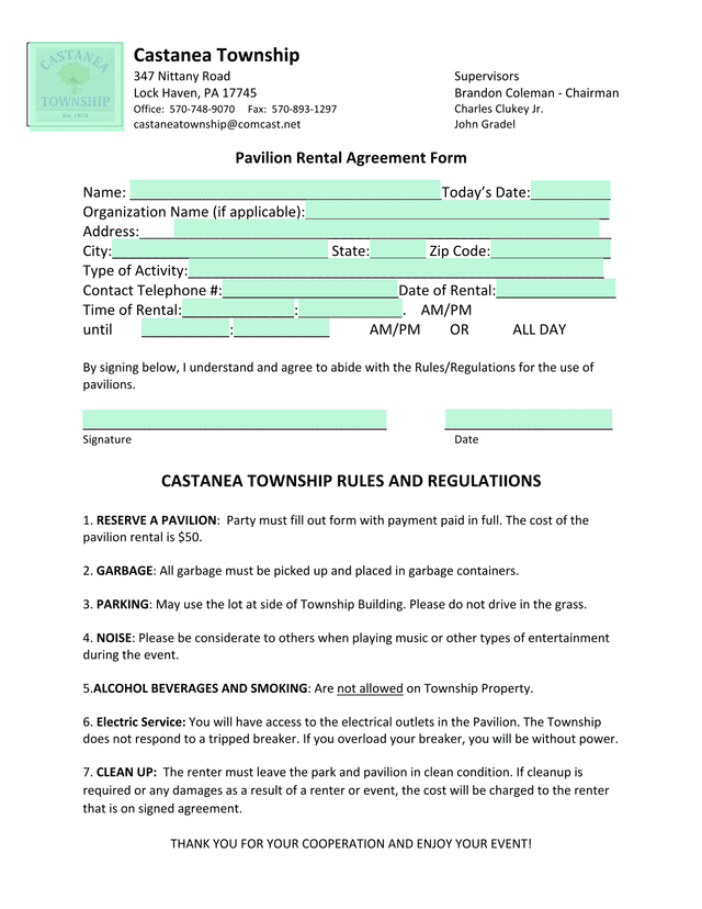 Pavilion Rental Agreement Form screenshot
