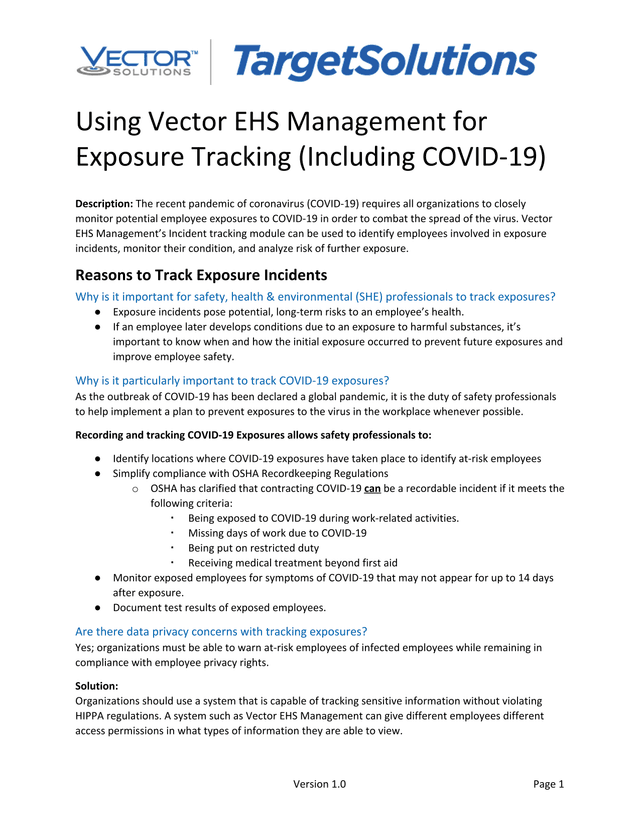 Using Vector EHS Management For Exposure Tracking (Including COVID 19) screenshot