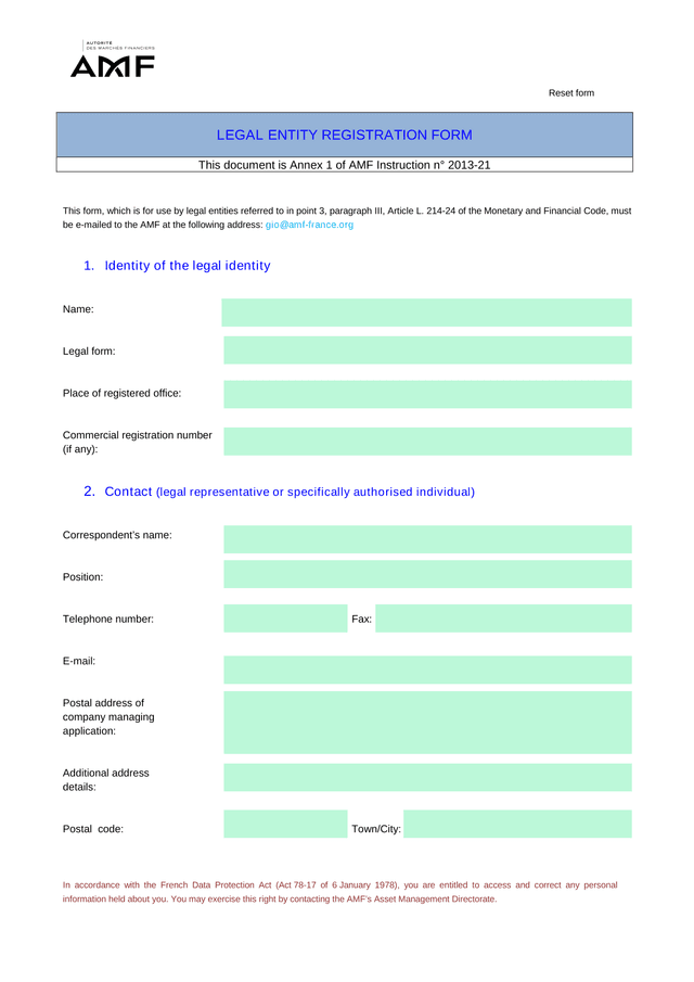 LEGAL ENTITY REGISTRATION FORM screenshot