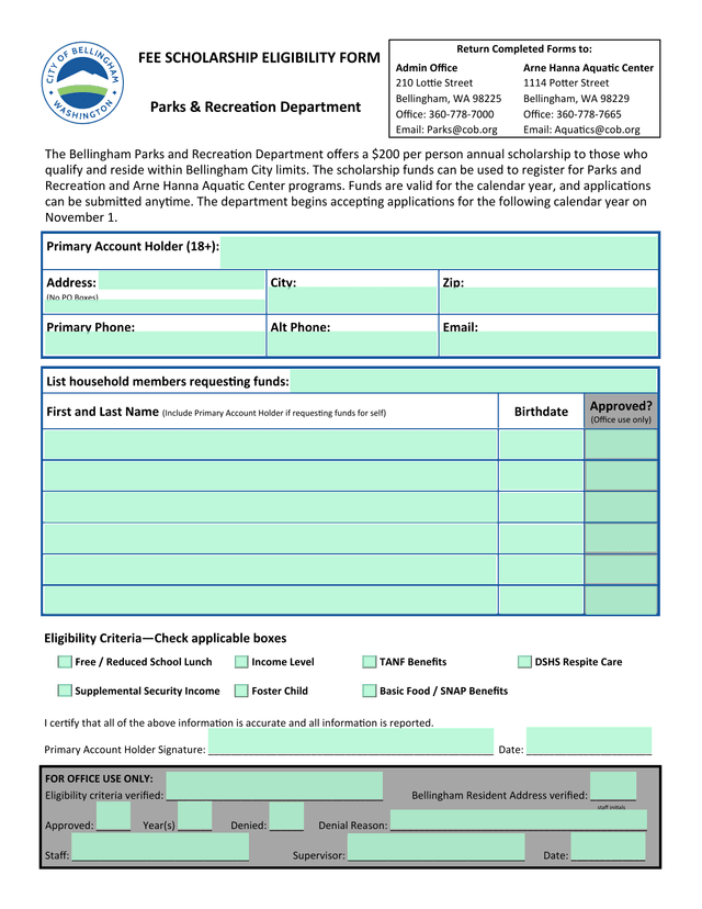 Fee Scholarship Eligibility Form screenshot