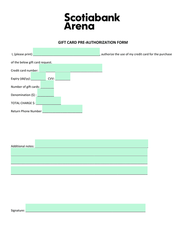 GIFT CARD PRE AUTHORIZATION FORM screenshot