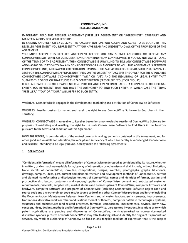 CONNECTWISE, INC. RESELLER AGREEMENT screenshot