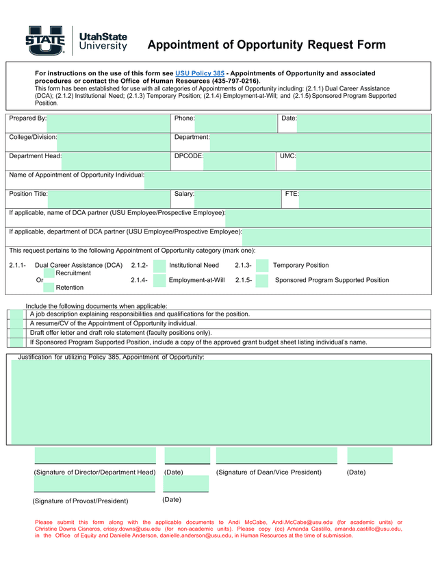 Appointment Of Opportunity Request Form screenshot