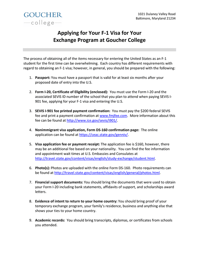 Applying For Your F 1 Visa For Your Exchange Program At Goucher College screenshot